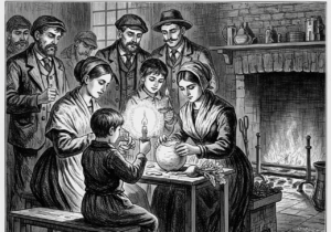 19th Century-Engraving-Irish Immigrants Carving Turnips