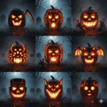 A dark, moody, and atmospheric composite image of 8-10 advanced pumpkins, illuminated from within