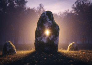 Ancient stone in a misty Celtic forest at dusk.