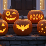 A cheerful, brightly-lit composite image showing five carved pumpkins arranged together on a porch ste